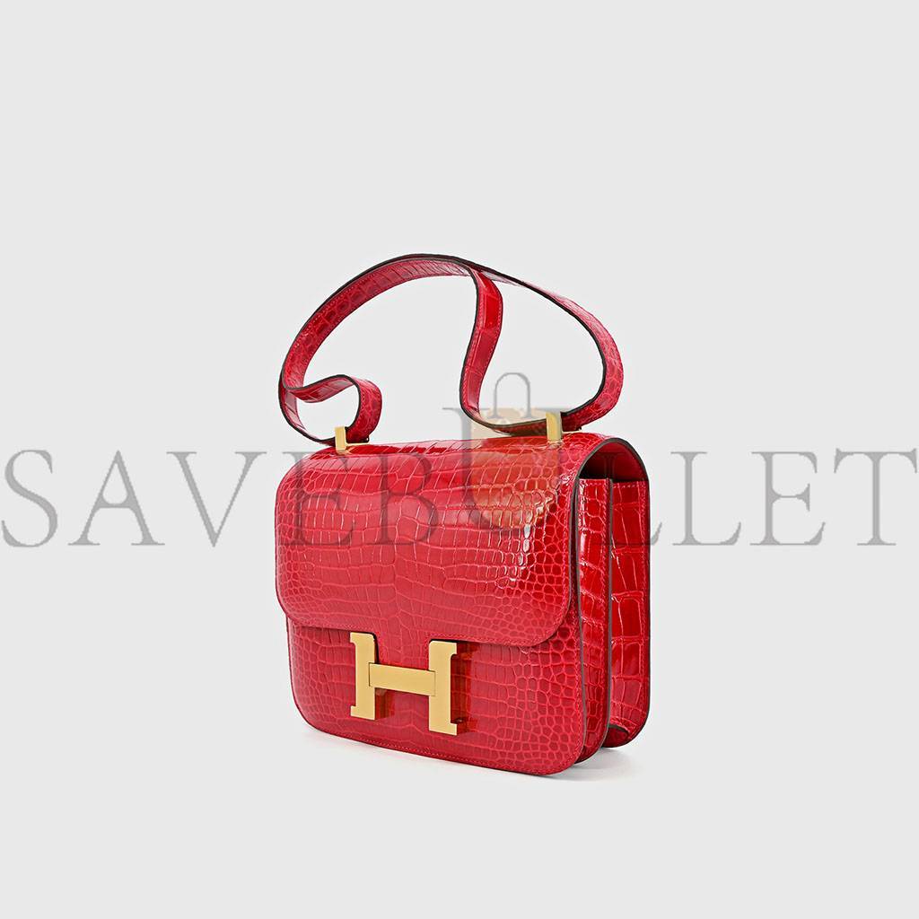 HERMÈS CONSTANCE 18 SHINY CROCODILE LEATHER CROSSBODY BAG-BRAISE GOLD HARDWARE (19*18*13.5cm)